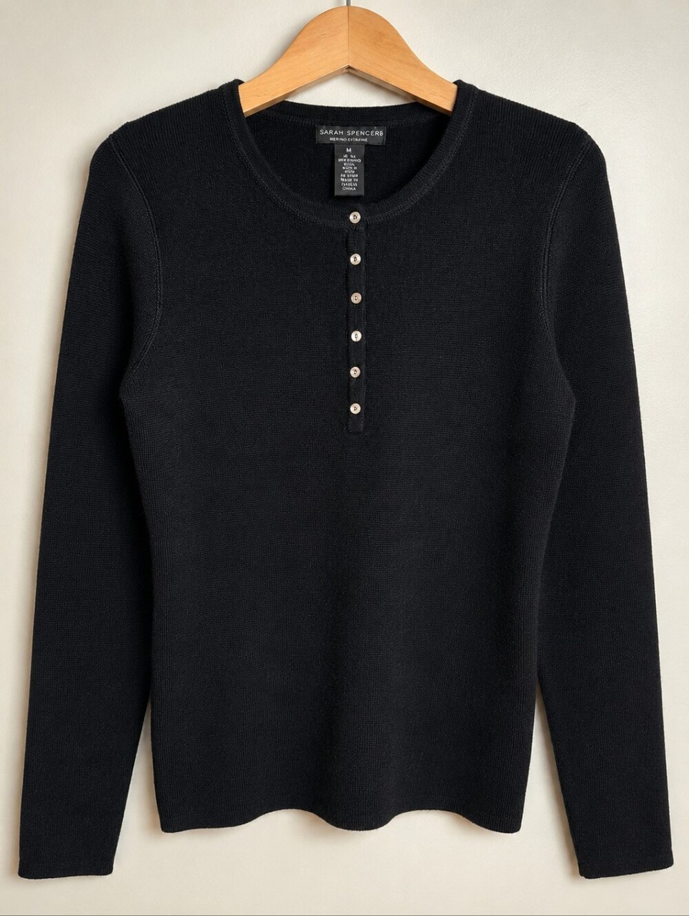 Sarah Spencer 100% Italian Merino Wool Black Jeweled Button Sweater M